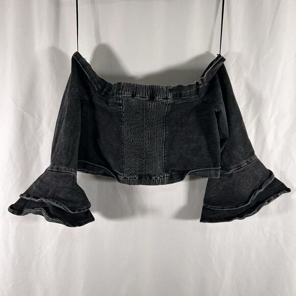 Zara Woman Crop Top Women's Large Black Smocked Off the Shoulder Bell 1/2 Sleeve - Picture 5 of 5